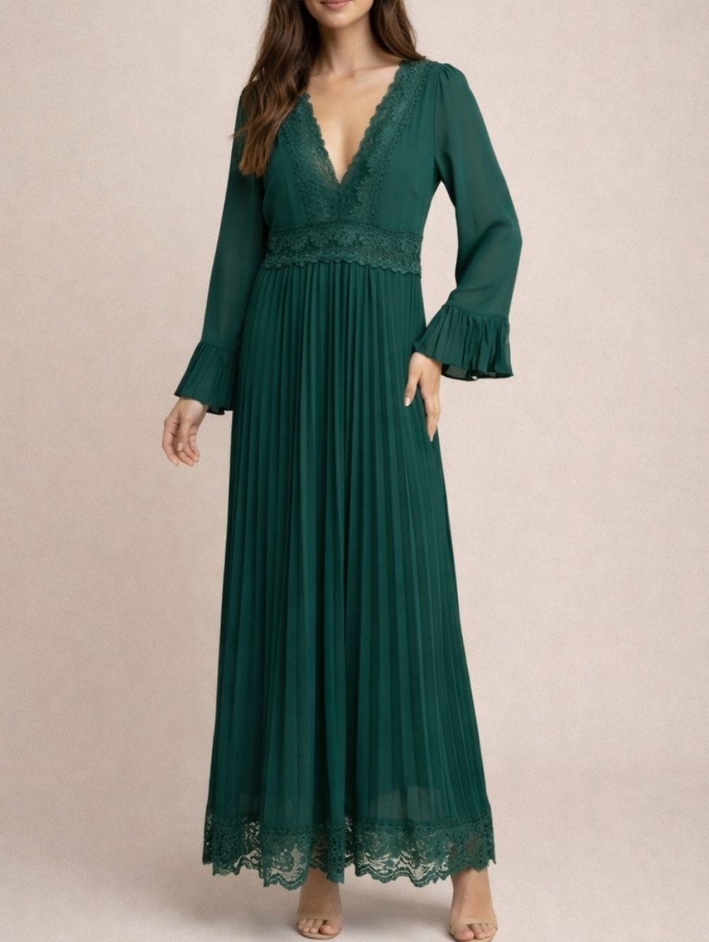 The Clothing Co. Emerald Pleated Lace Trim Maxi Dress Womens Large Romantic Boho